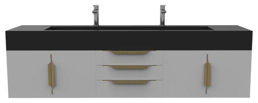 CastelloUSA Nile 72" Wall Mounted Bathroom Vanity Set, Gray, Black Top, Gold Handles