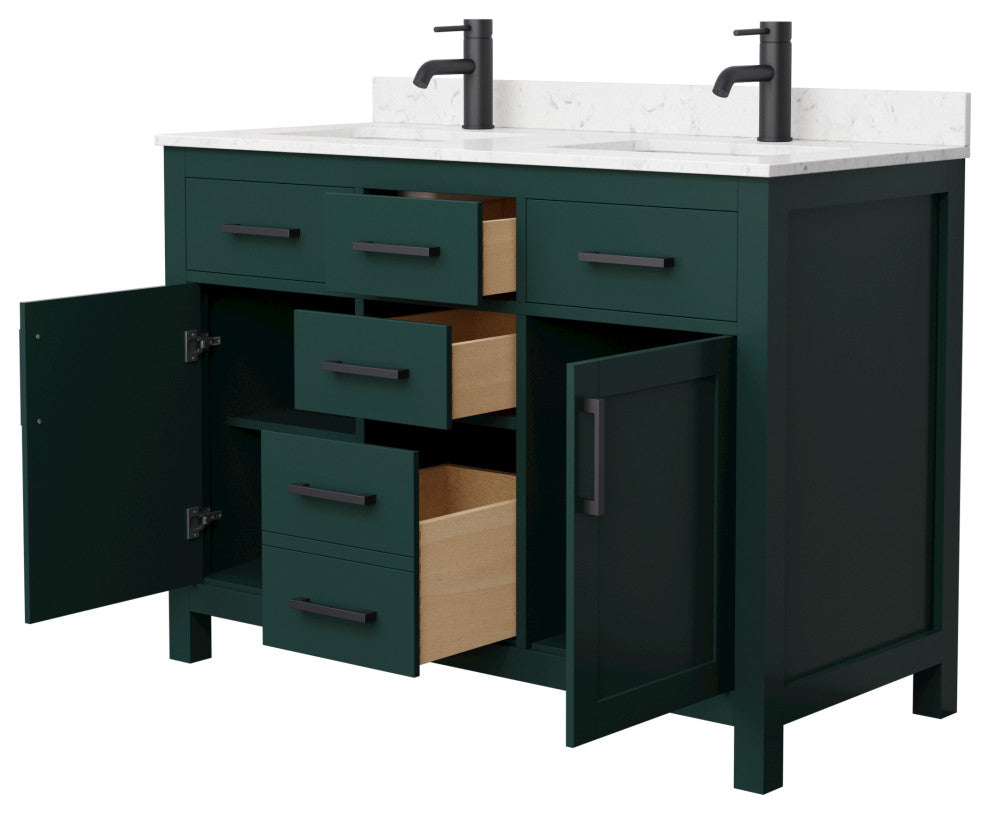 48"DBL Bathroom Vanity Green, Carrara Cult. Marble Countertop, Sinks, Black Trim