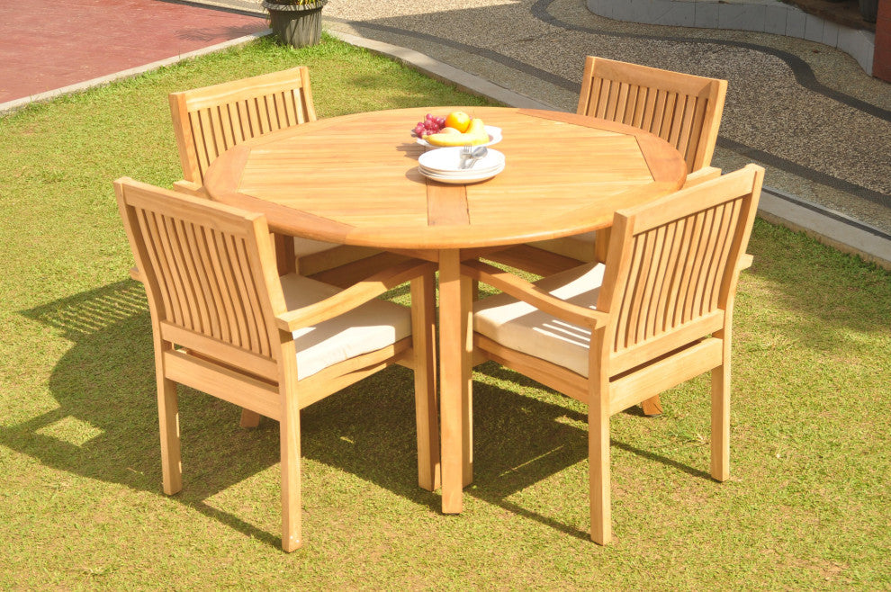 5-Piece Outdoor Teak Dining Set: 52" Round Table, 4 Leveb Stacking Arm Chairs