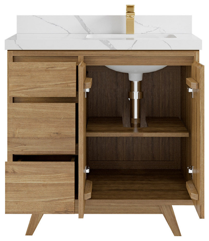 Madison  Teak 36 Right Offset Bath Vanity Golden Teak 2" Calacatta Laza