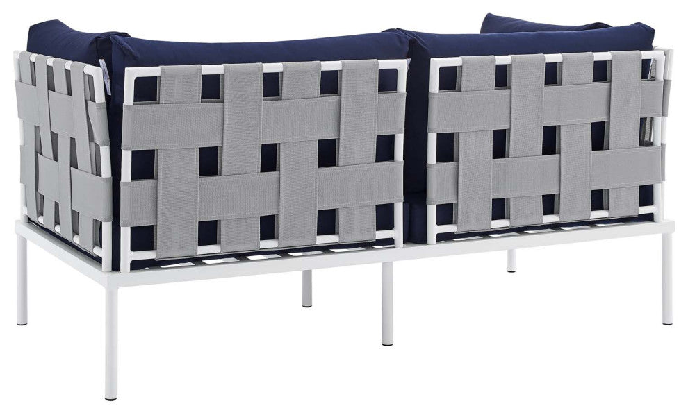 Sectional Sofa Chair Table Set, Sunbrella, Aluminum, Gray Blue Navy, Outdoor