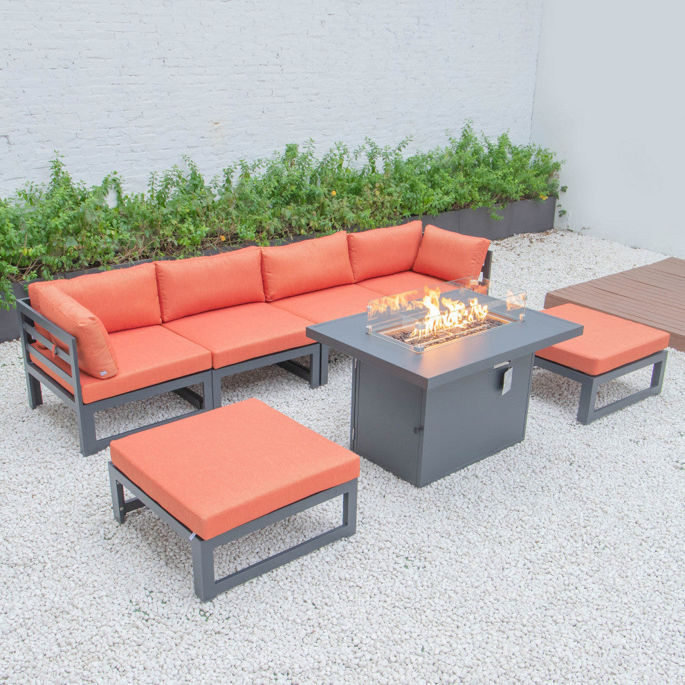 LeisureMod Chelsea 7-Piece Outdoor Sectional With Fire Pit Table, Orange