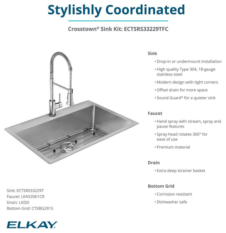 Elkay Crosstown 18 Gauge Stainless Steel Sink Kit with Faucet