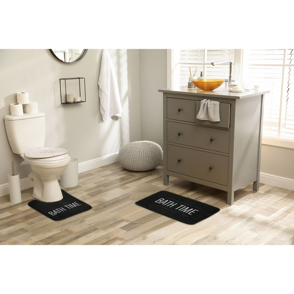 Bathroom Accessories Bath Time Collection, Black, Set Bathmat and Contour Rug