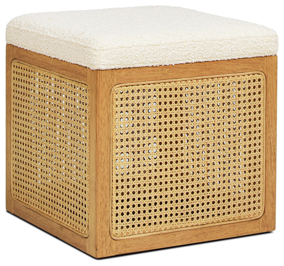Nina 18" Cane Webbing Cube Ottoman, Ivory White Boucle