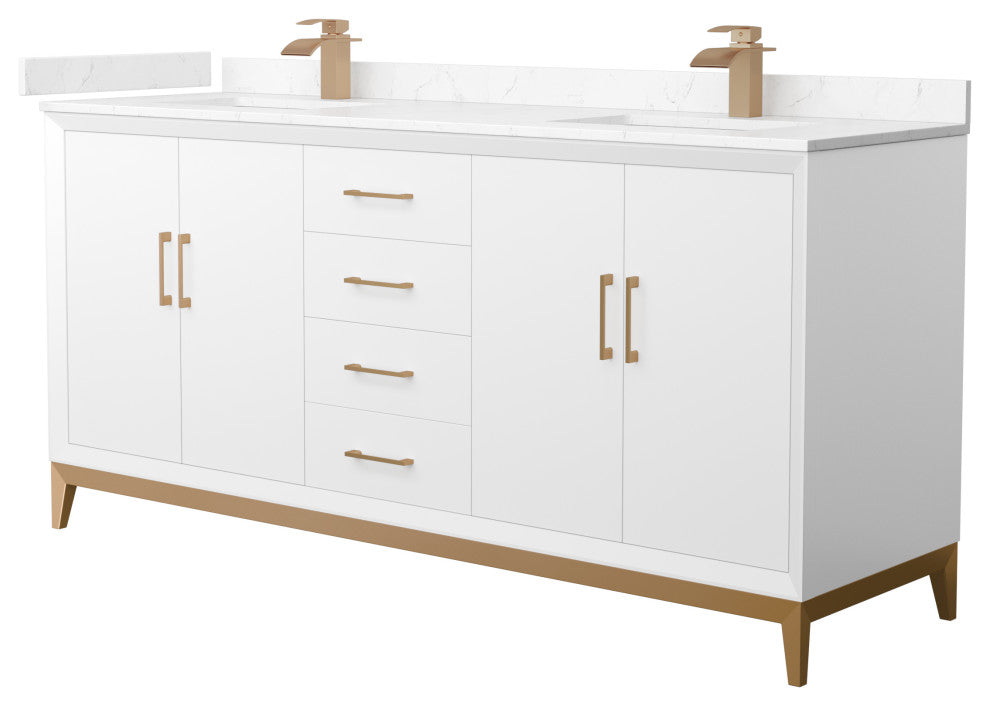 Amici 72" White Double Vanity, Carrara Cultured Marble Top, Satin Bronze Trim