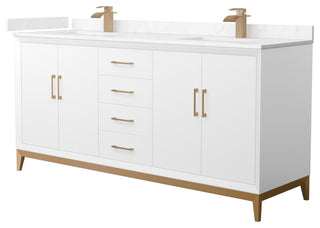 Amici 72" White Double Vanity, Carrara Cultured Marble Top, Satin Bronze Trim