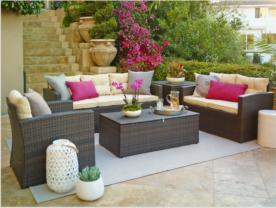 Rio 5-Piece Dark Brown Wicker Conversation Set With Storage and Cushions