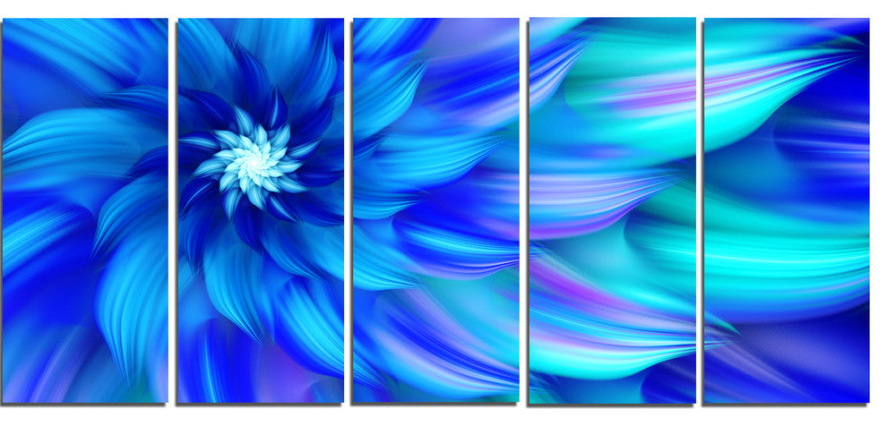 Massive Blue Fractal Flower, Floral Canvas Art Print, 60"x28", 5 Panels
