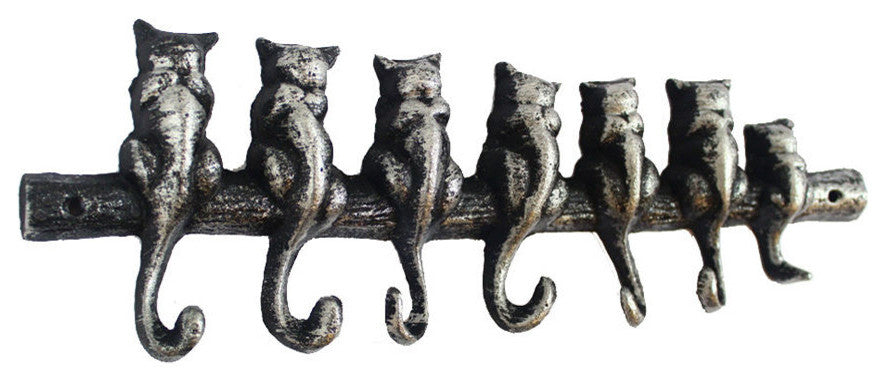 Rustic Silver Cast Iron Cat Wall Hooks 13"