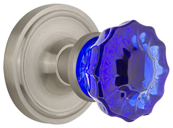 Classic Rosette Privacy Crystal Cobalt Glass Knob, Satin Nickel