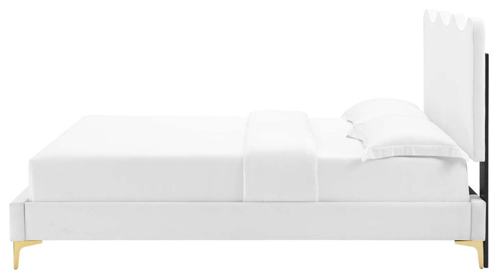Platform Bed Frame, Queen Size, White, Velvet, Modern, Bedroom Guest Suite