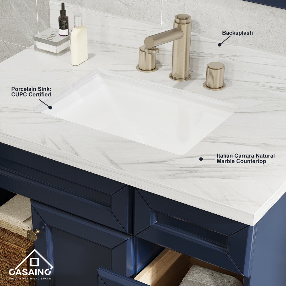 Single Sink Bath Vanity in Navy Blue with White Marble Top and Basin, 36in