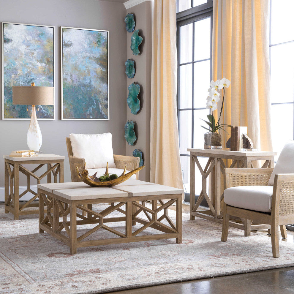 Open Light Weathered Wood Coffee Table Stone Top X Natural Minimalist Square