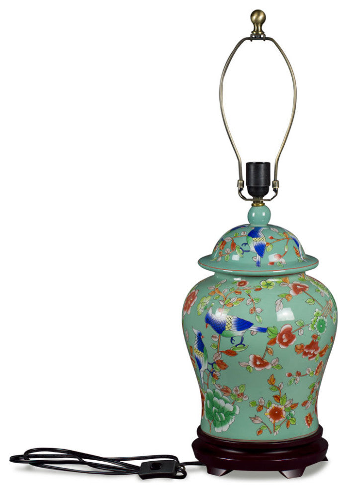 Light Teal Green Flower and Bird Motif Asian Porcelain Lamp