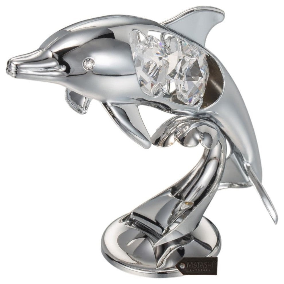 Chrome Plated Crystal Studded Silver Dolphin Riding Wave Figurine Ornament