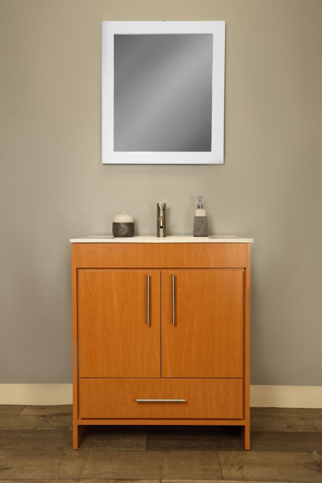 Pacific 30" Vanity With Integrated Ceramic Top and Brushed Nickel Handles, Honey