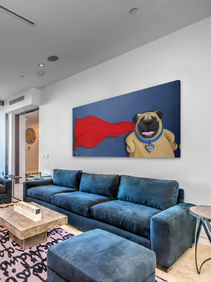 Marmont Hill, "Super Pug" by Mike Taylor Painting Print on Wrapped Canvas, 24x12