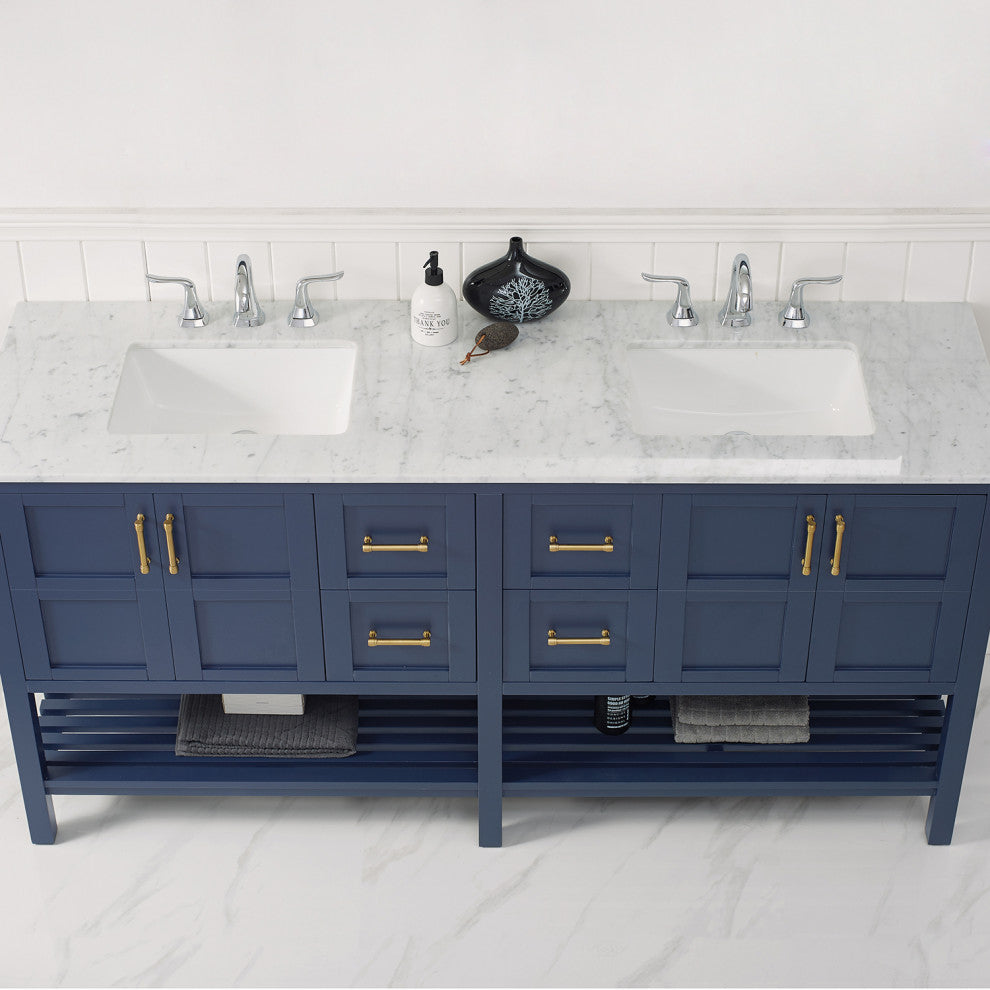 Vinnova Florence 72" Royal Blue Double Vanity W/ Carrara White Marble Countertop