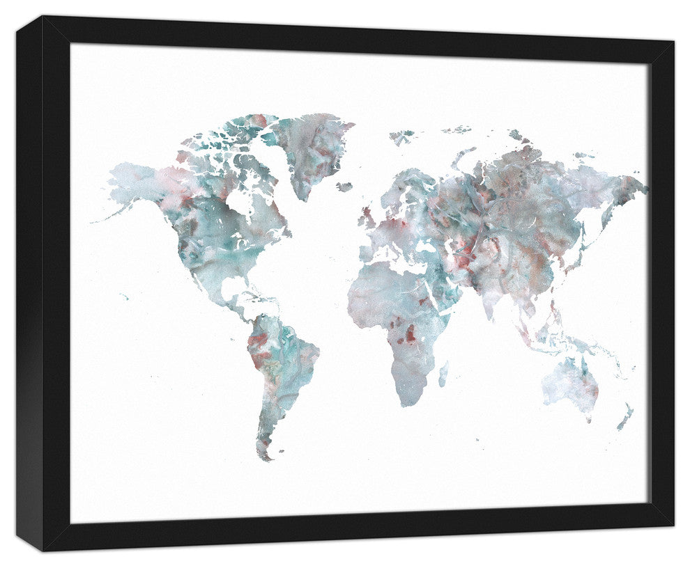 Greige World Map 16x20 Black Framed Canvas