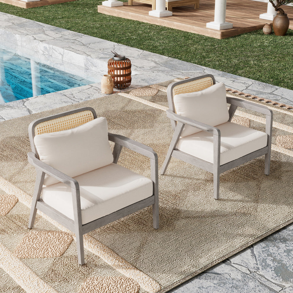 Jatas Outdoor Pation Club Chairs With Cushions, Acacia Wood, Light Gray, Set of 2