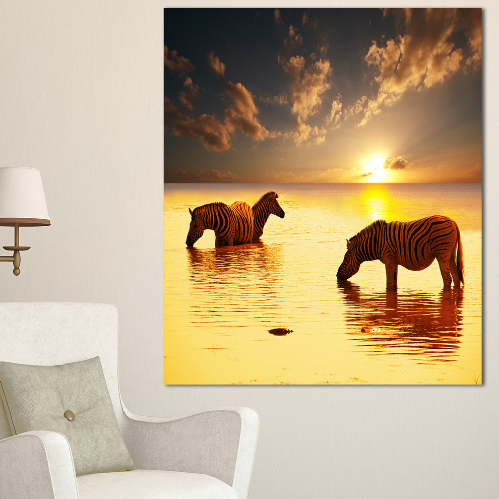 Zebras in Water At Sunset, African Canvas Art Print, 30"x40"