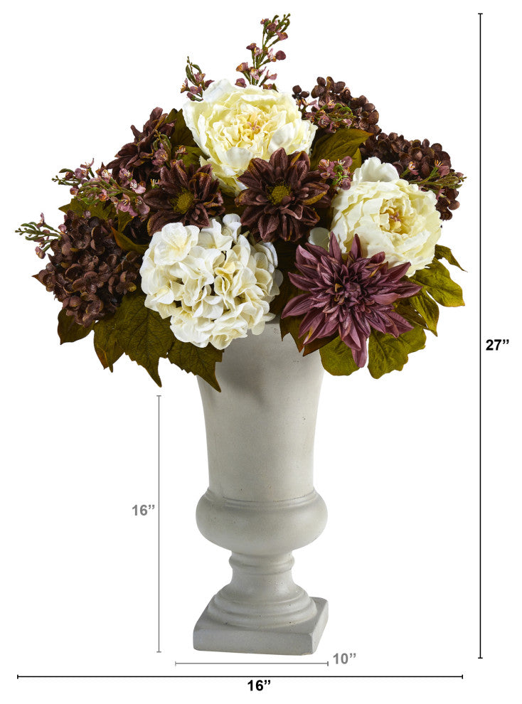 27" Peony, Hydrangea and Dahlia Artificial Arrangement, Sand Colored Urn
