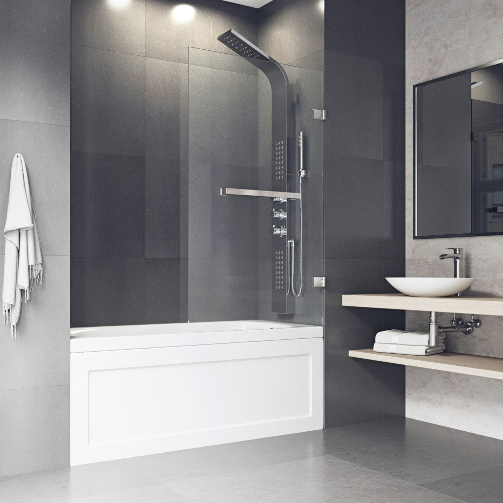 VIGO Rialto 34" W x 58" H Frameless Hinged Tub Door, Stainless Steel, Clear Glass