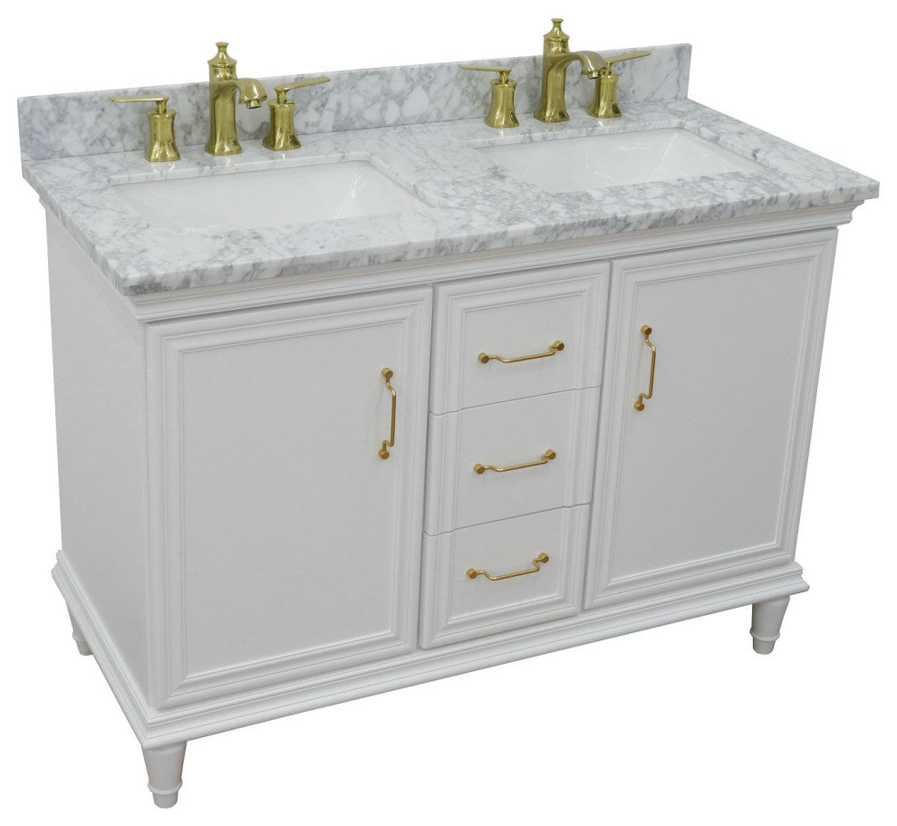 49" Double Vanity, White Finish With White Carrara And Rectangle Sink