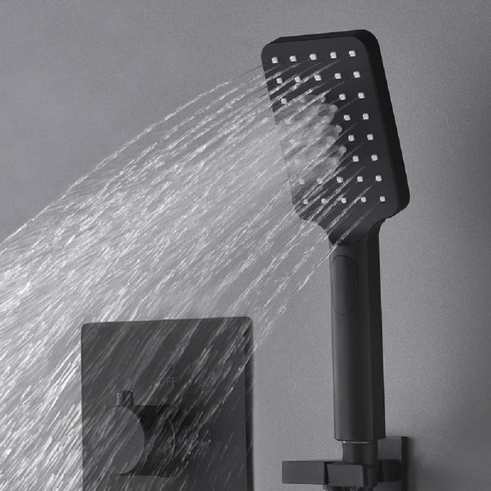 Black Shower System Large Rainfall Shower Head with Hand Shower and 3 Body Jets, 16 Inches With Thermostatic Shower Valve