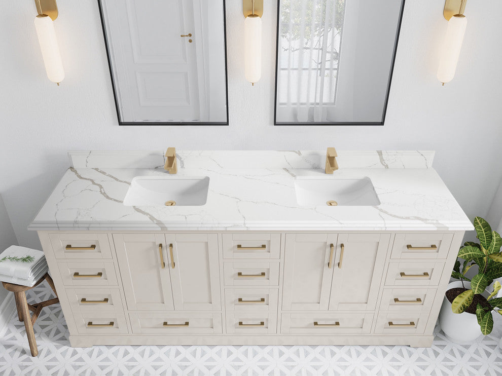 Boston 84" Double Sink Bath Vanity in Fine Grain 1.5" Calacatta Laza