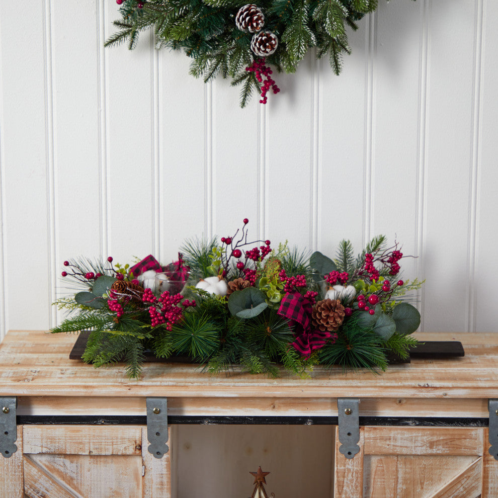 24" Holiday Berries, Pinecones & Eucalyptus Xmas Faux Arrangement Wall Decor