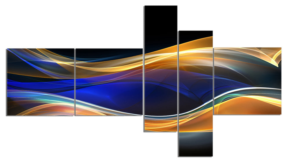 3D Gold Blue Wave Design, Abstract Canvas art print, 60"x32", 5 panels