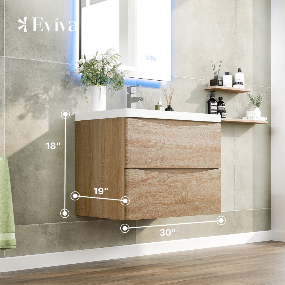 Eviva Smile 30" White Oak Wall Mount Modern Bathroom Vanity White Acrylic Sink