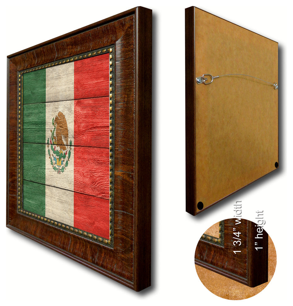 Mexico Country Textured Flag Print With Brown Gold Frame, 15"X21"