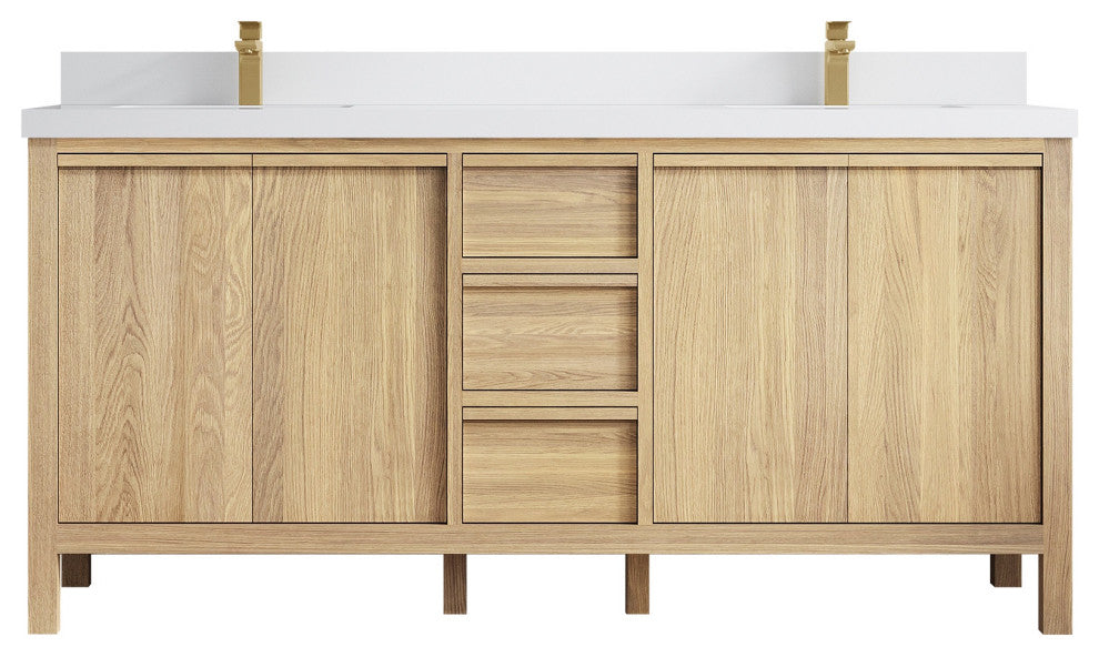 Elizabeth Oak 72" Double Sink Vanity, White 2" White Quartz