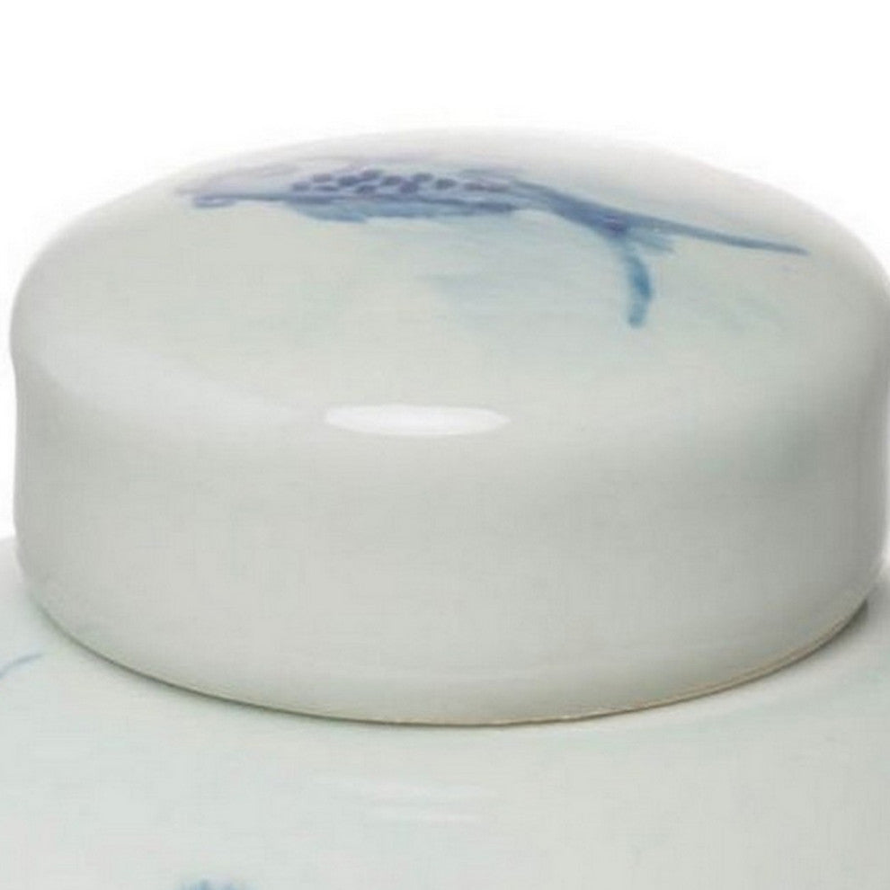 Benzara BM286405 8" Lidded Ginger Jar, Painted Koi Fish, White Blue 2-Piece Set