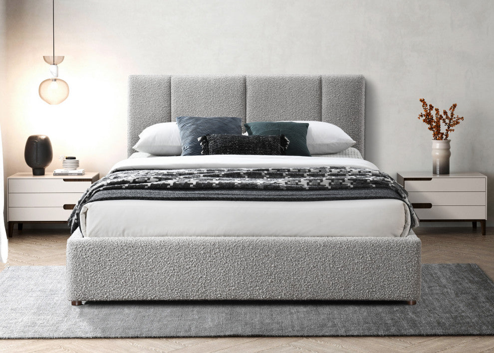 Omax Decor Venice Modern Fabric Upholstered Platform Bed, Grey Boucle, Queen