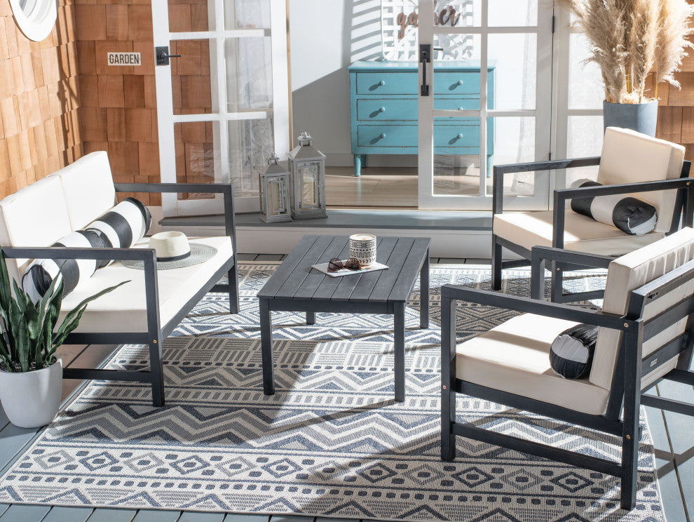 Safavieh Montez 4-Piece Indoor-Outdoor Set with Accent Pillows, Black/Beige/Black/White