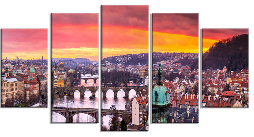 Bridges in Prague Panorama, Landscape Canvas Art Print, 60"x32", 5 Panels
