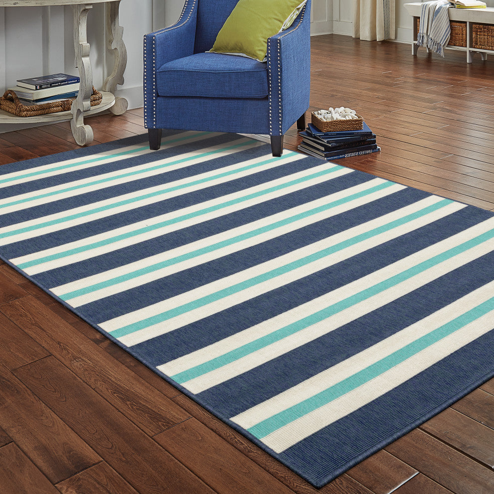 Madelina Stripe Blue and Ivory Indoor or Outdoor Area Rug, 6'7"x9'6"