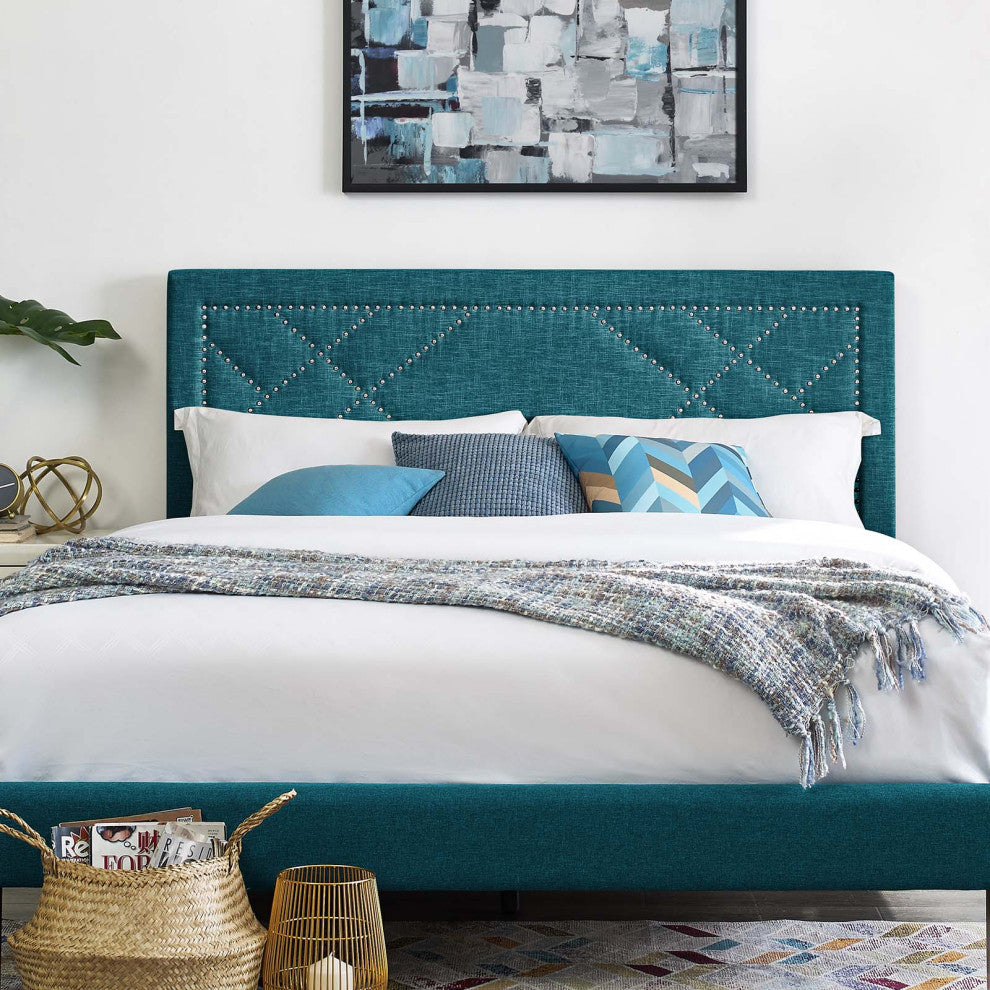 Reese Nailhead King and California King Upholstered Linen Fabric Headboard by Mo