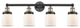 Small Bell, 4 Lt 34" Bath Vanity Lt, Black Antique Brass Finish, Matte White