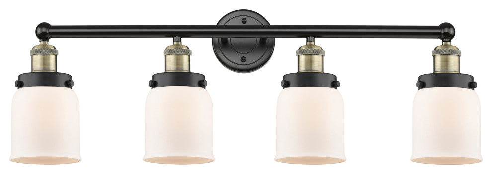Small Bell, 4 Lt 34" Bath Vanity Lt, Black Antique Brass Finish, Matte White