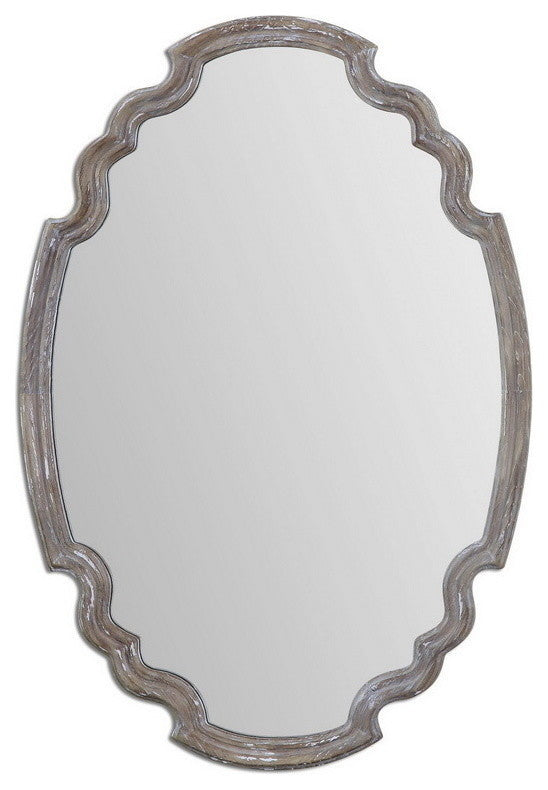 Sculpted Oval Gray Wood Wall Mirror, Rustic Vanity