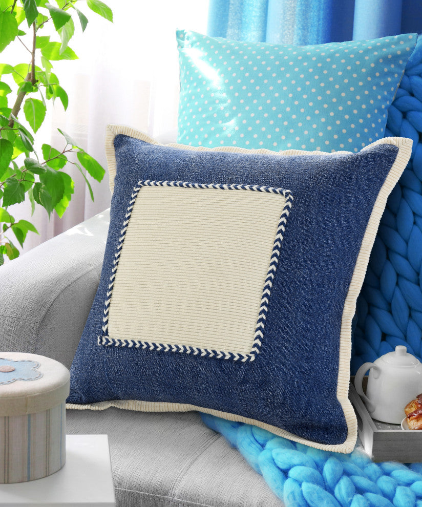 Ox Bay Hand-stitched Blue/White Bordered Organic Cotton Pillow Cover, 20"x20"