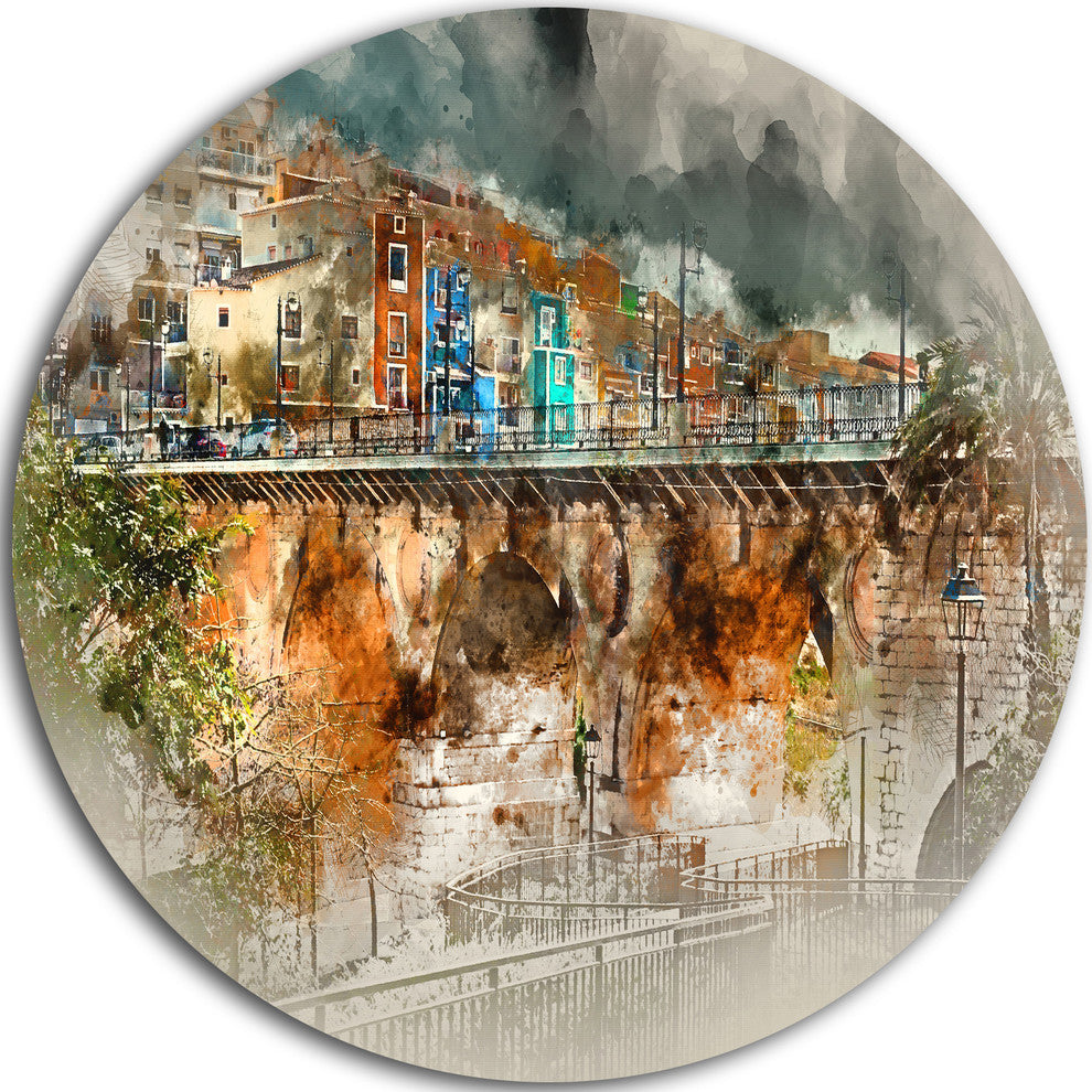 Villajoyosa Town Digital Painting, Cityscape Round Wall Art, 36"