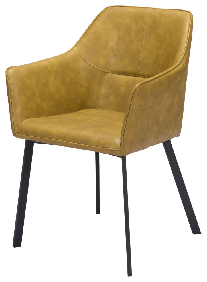 Dining Chair, Set of 2, Faux Vinyl Leather, Steel, Yellow, Black, Mid Century