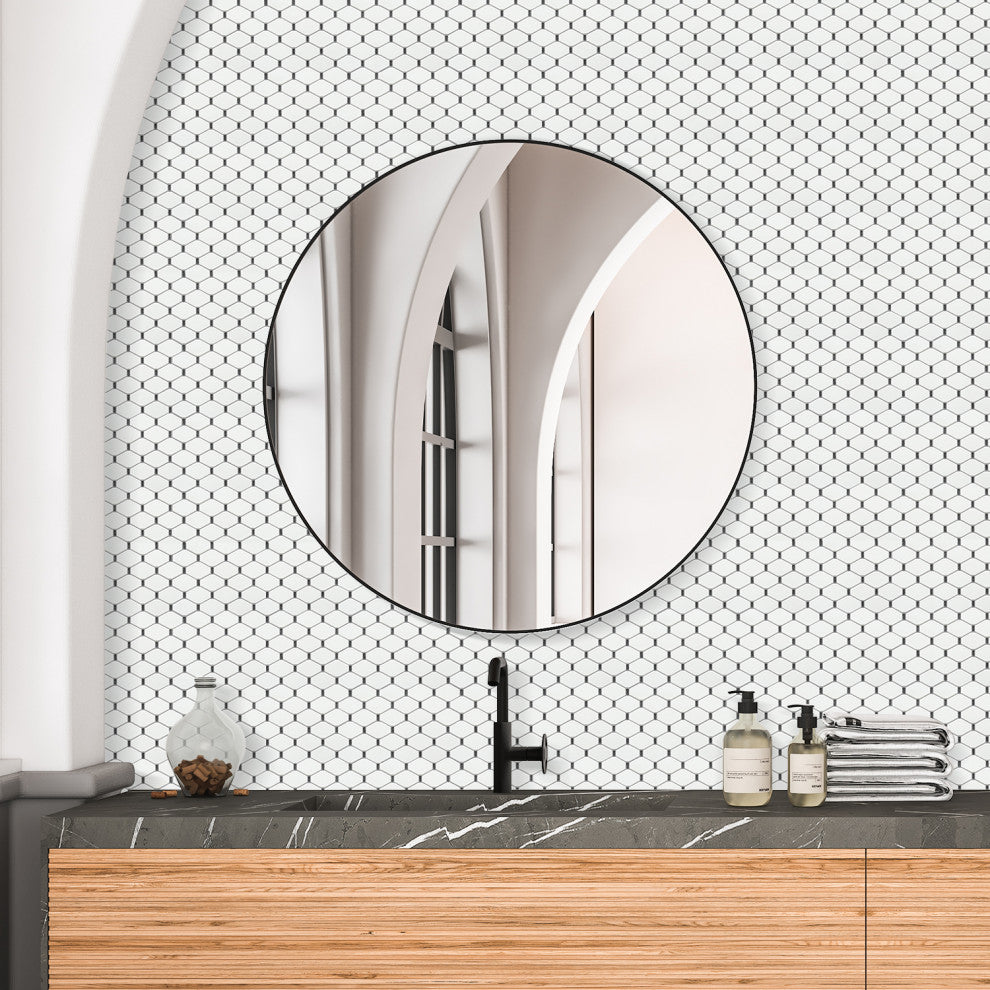 Badajoz 11.5x10.94, Honeycomb Glass Mosaic Tile, White/Black, Box of 11