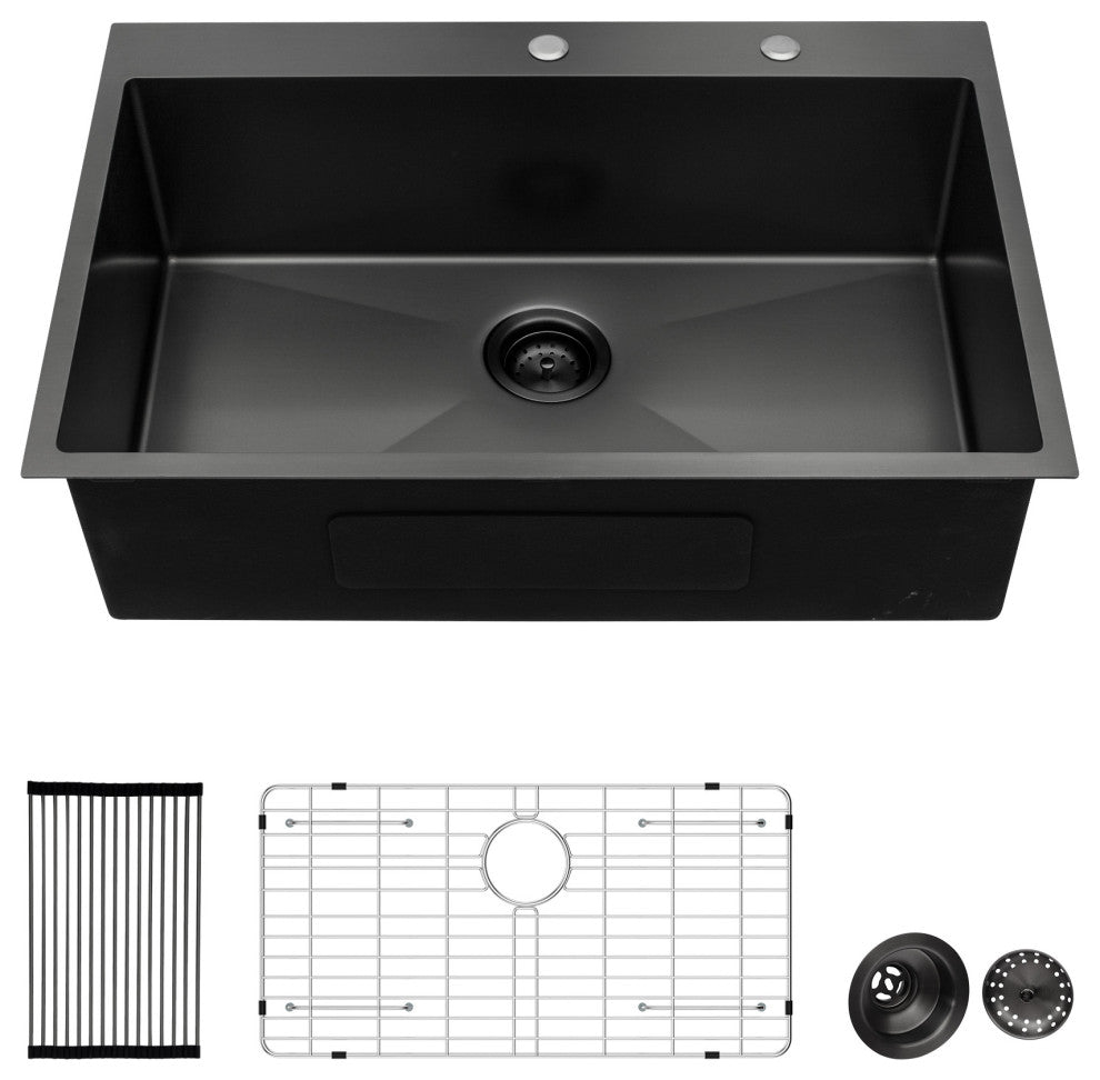Black Stainless Steel Single Bowl Drop-In Kitchen Sink with Drain Assembly, Gunmetal Black, 28'' X 22''